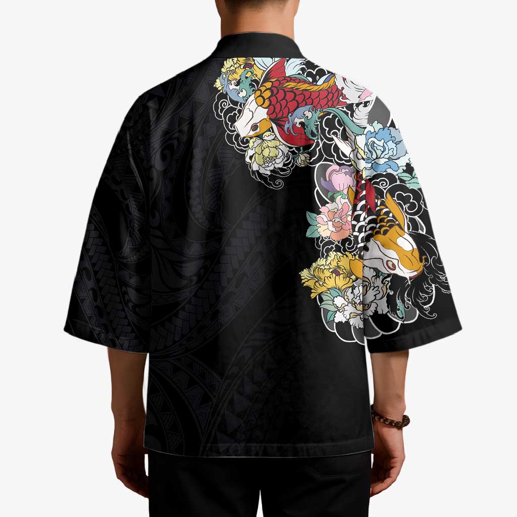 Hawaiian and Japanese Together Kimono Colorful Traditional Japanese Tattoo and Kakau Pattern Black Color - Polynesian Pride