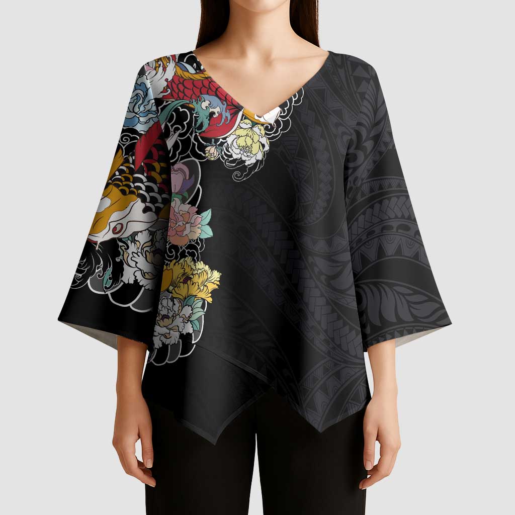 Hawaiian and Japanese Together Kimono Sleeve Blouse Colorful Traditional Japanese Tattoo and Kakau Pattern Black Color - Polynesian Pride