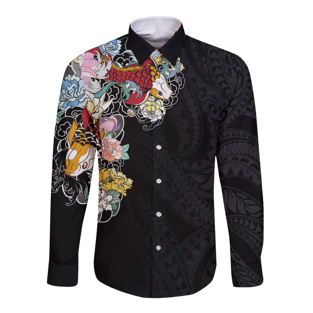 Hawaiian and Japanese Together Long Sleeve Button Shirt Colorful Traditional Japanese Tattoo and Kakau Pattern Black Color