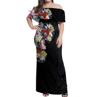 Hawaiian and Japanese Together Off Shoulder Maxi Dress Colorful Traditional Japanese Tattoo and Kakau Pattern Black Color
