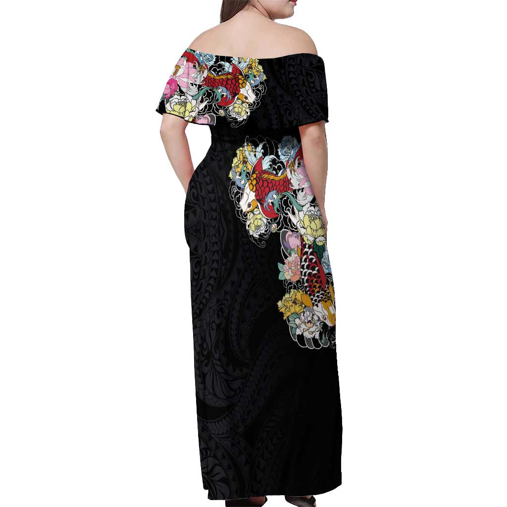 Hawaiian and Japanese Together Off Shoulder Maxi Dress Colorful Traditional Japanese Tattoo and Kakau Pattern Black Color