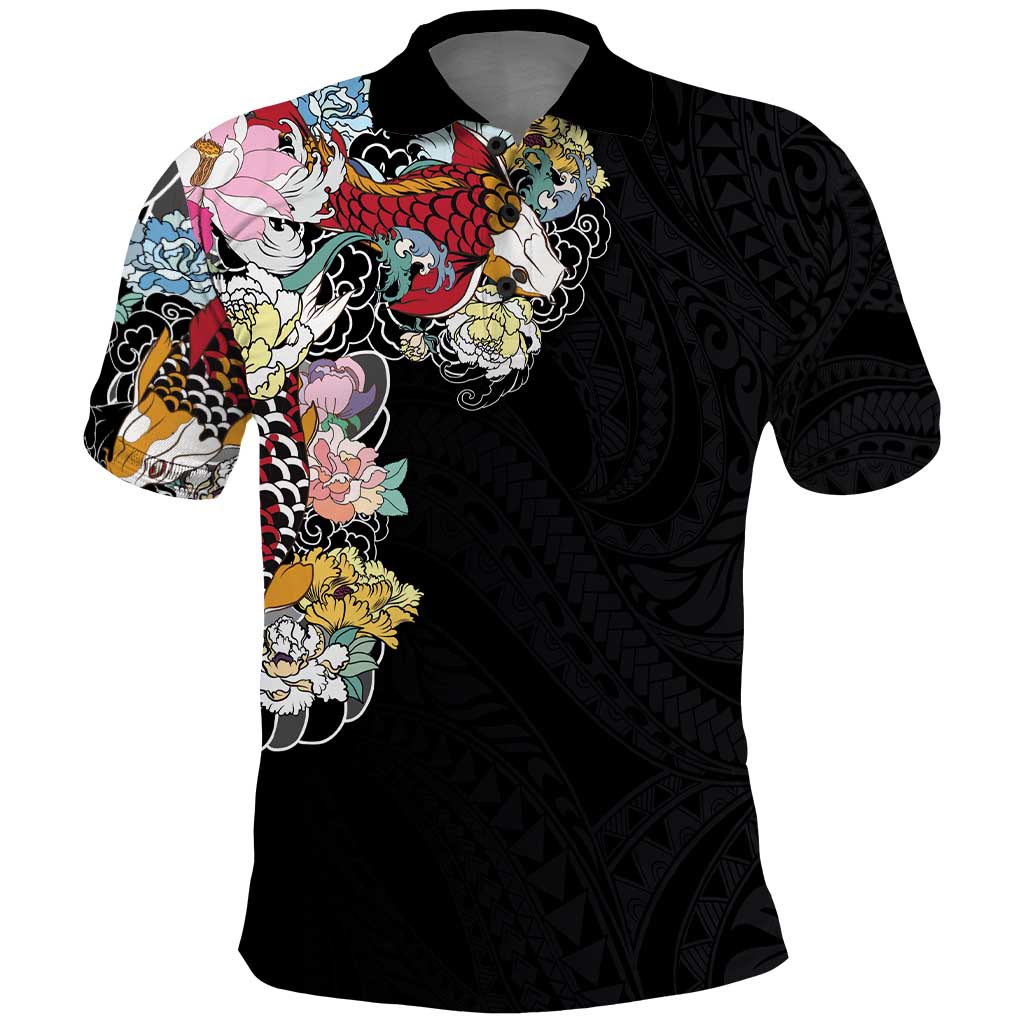 Hawaiian and Japanese Together Polo Shirt - Colorful Traditional Japanese Tattoo and Kakau Pattern Black LT03 Black - Polynesian Pride