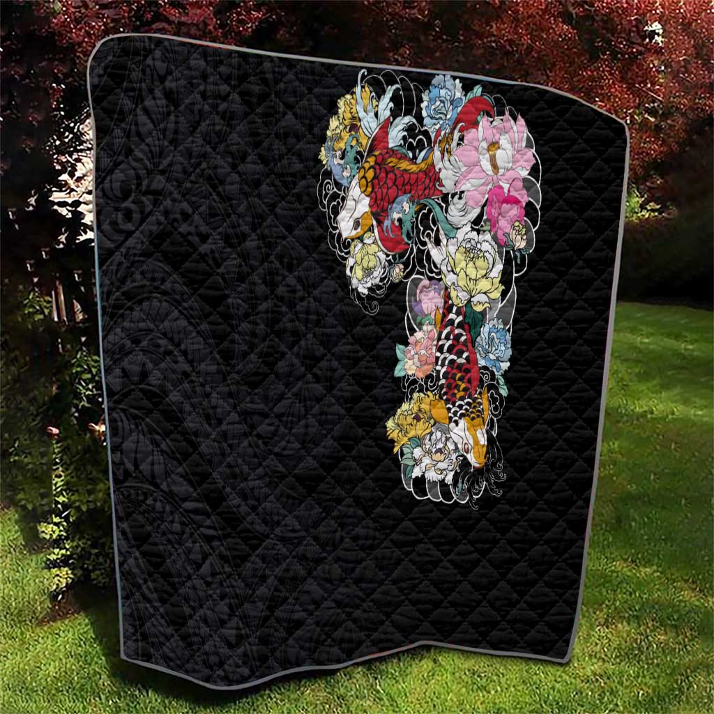 Hawaiian and Japanese Together Quilt Colorful Traditional Japanese Tattoo and Kakau Pattern Black Color