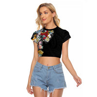 Hawaiian and Japanese Together Raglan Cropped T Shirt Colorful Traditional Japanese Tattoo and Kakau Pattern Black Color