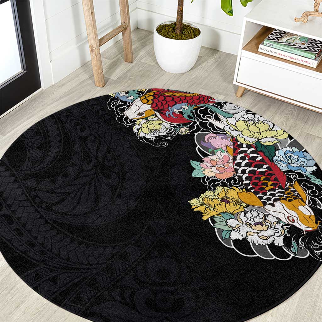 Hawaiian and Japanese Together Round Carpet Colorful Traditional Japanese Tattoo and Kakau Pattern Black Color LT03 Black - Polynesian Pride