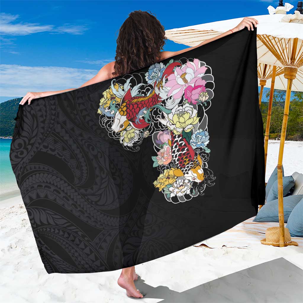 Hawaiian and Japanese Together Sarong Colorful Traditional Japanese Tattoo and Kakau Pattern Black Color LT03 One Size 44 x 66 inches Black - Polynesian Pride
