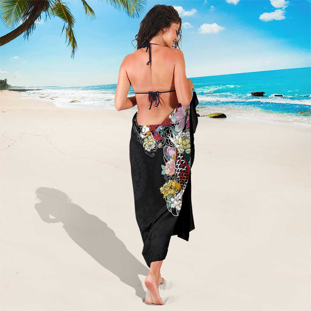 Hawaiian and Japanese Together Sarong Colorful Traditional Japanese Tattoo and Kakau Pattern Black Color