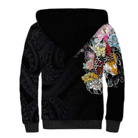 Hawaiian and Japanese Together Sherpa Hoodie Colorful Traditional Japanese Tattoo and Kakau Pattern Black Color