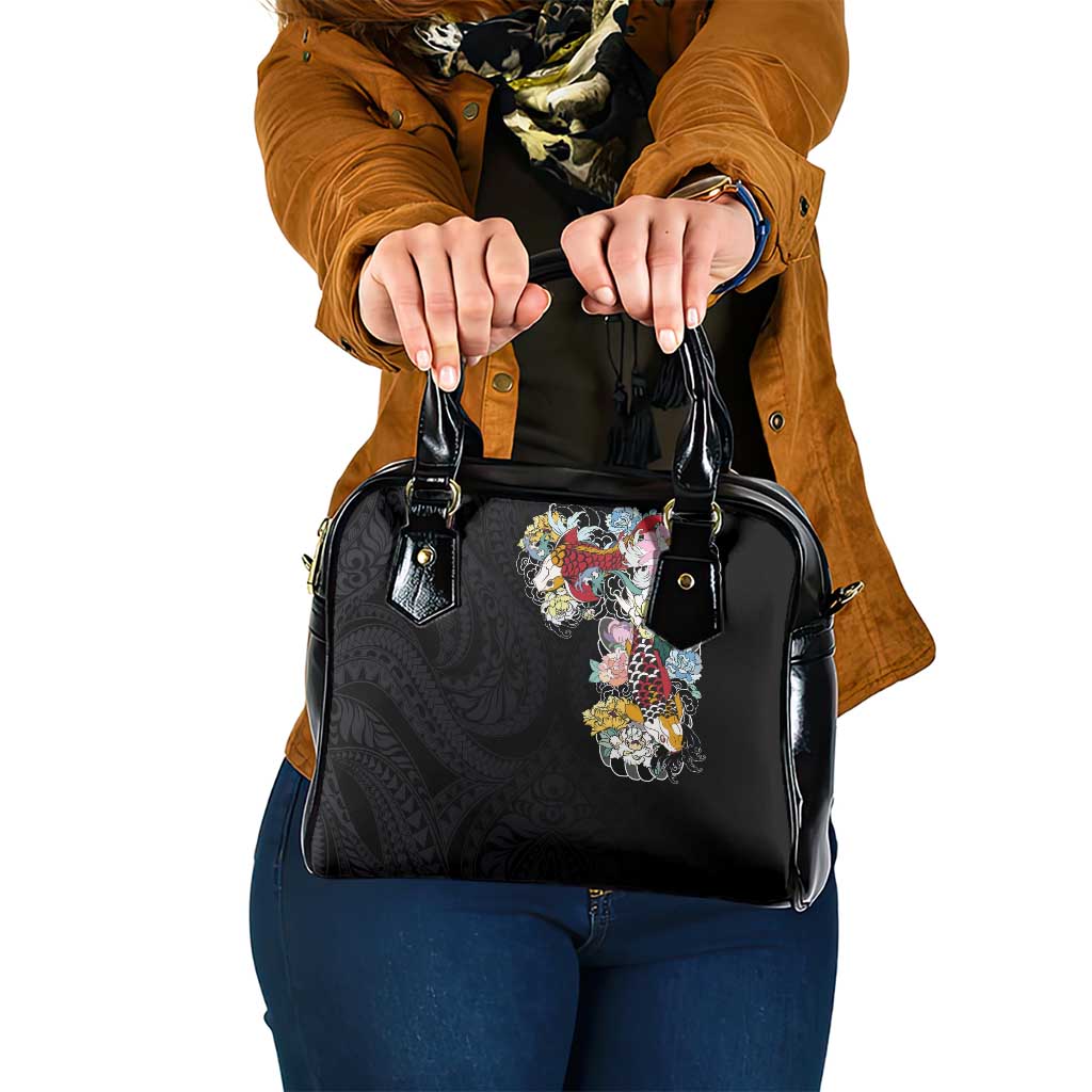 Hawaiian and Japanese Together Shoulder Handbag Colorful Traditional Japanese Tattoo and Kakau Pattern Black Color LT03 One Size Black - Polynesian Pride