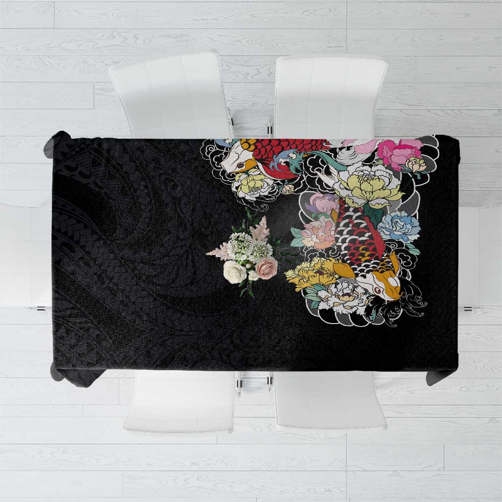 Hawaiian and Japanese Together Tablecloth Colorful Traditional Japanese Tattoo and Kakau Pattern Black Color LT03 Black - Polynesian Pride