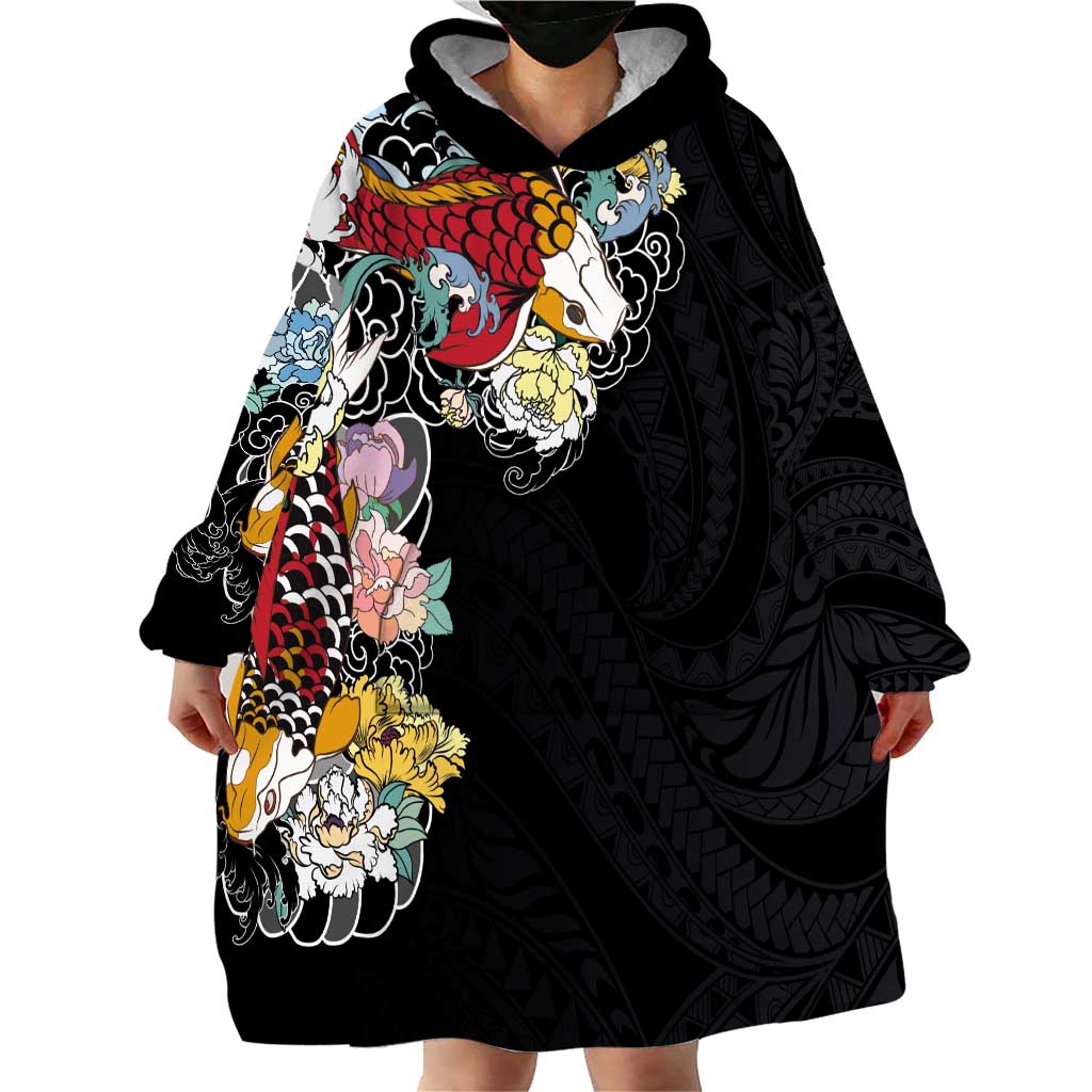 Hawaiian and Japanese Together Wearable Blanket Hoodie Colorful Traditional Japanese Tattoo and Kakau Pattern Black Color