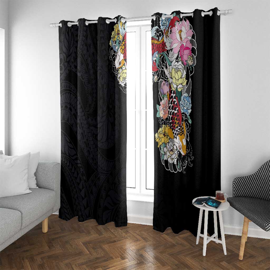 Hawaiian and Japanese Together Window Curtain Colorful Traditional Japanese Tattoo and Kakau Pattern Black Color
