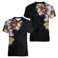 Hawaiian and Japanese Together Women V-Neck T-Shirt Colorful Traditional Japanese Tattoo and Kakau Pattern Black Color