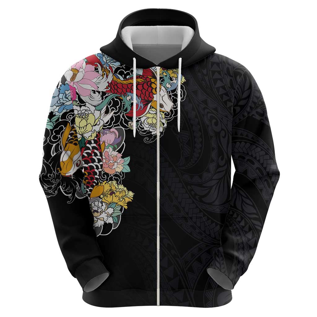 Hawaiian and Japanese Together Zip Hoodie Colorful Traditional Japanese Tattoo and Kakau Pattern Black Color