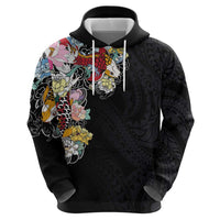 Hawaiian and Japanese Together Zip Hoodie Colorful Traditional Japanese Tattoo and Kakau Pattern Black Color