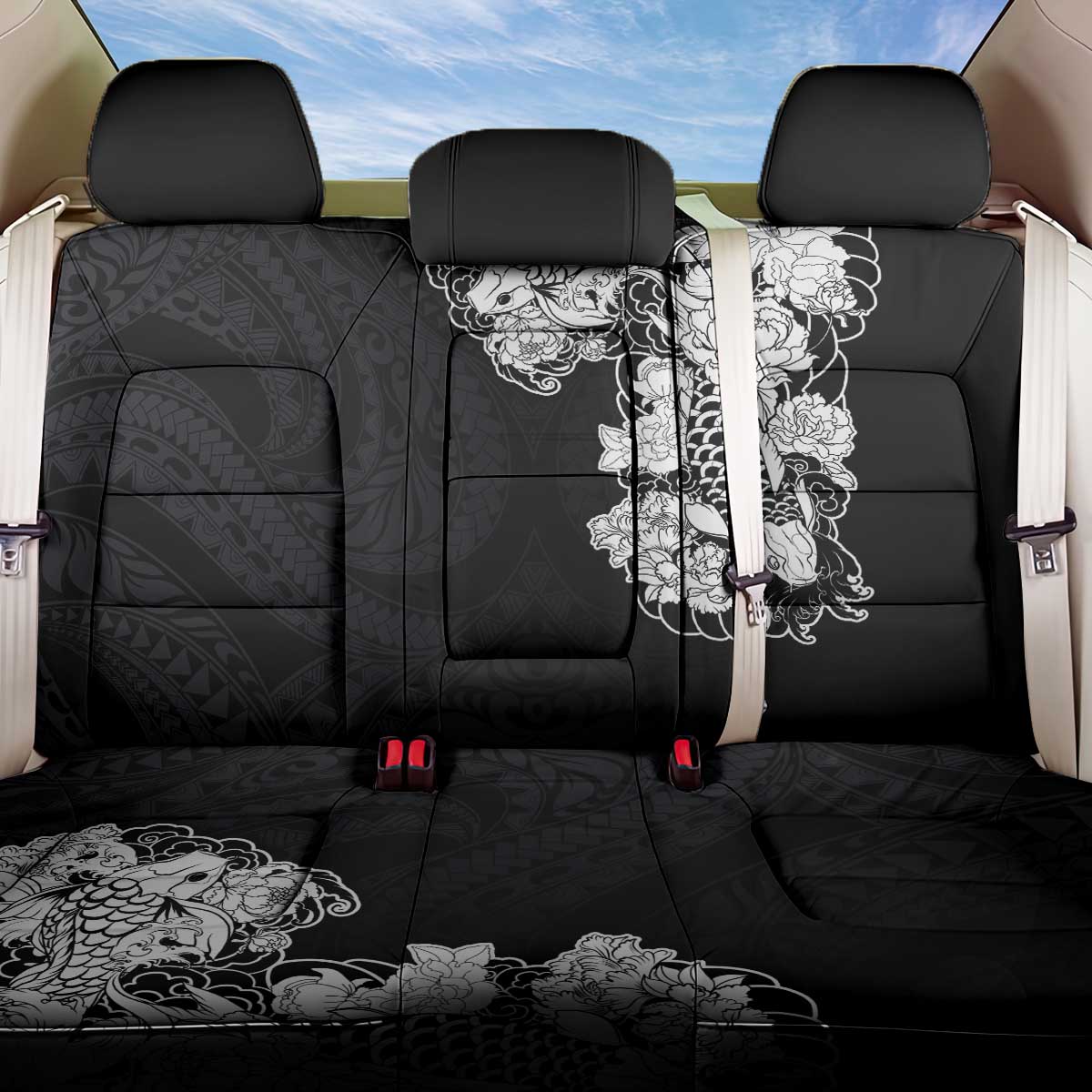 Hawaiian and Japanese Together Back Car Seat Cover Japanese Koi Fish Tattoo and Kakau Pattern Black Color LT03 One Size Black - Polynesian Pride