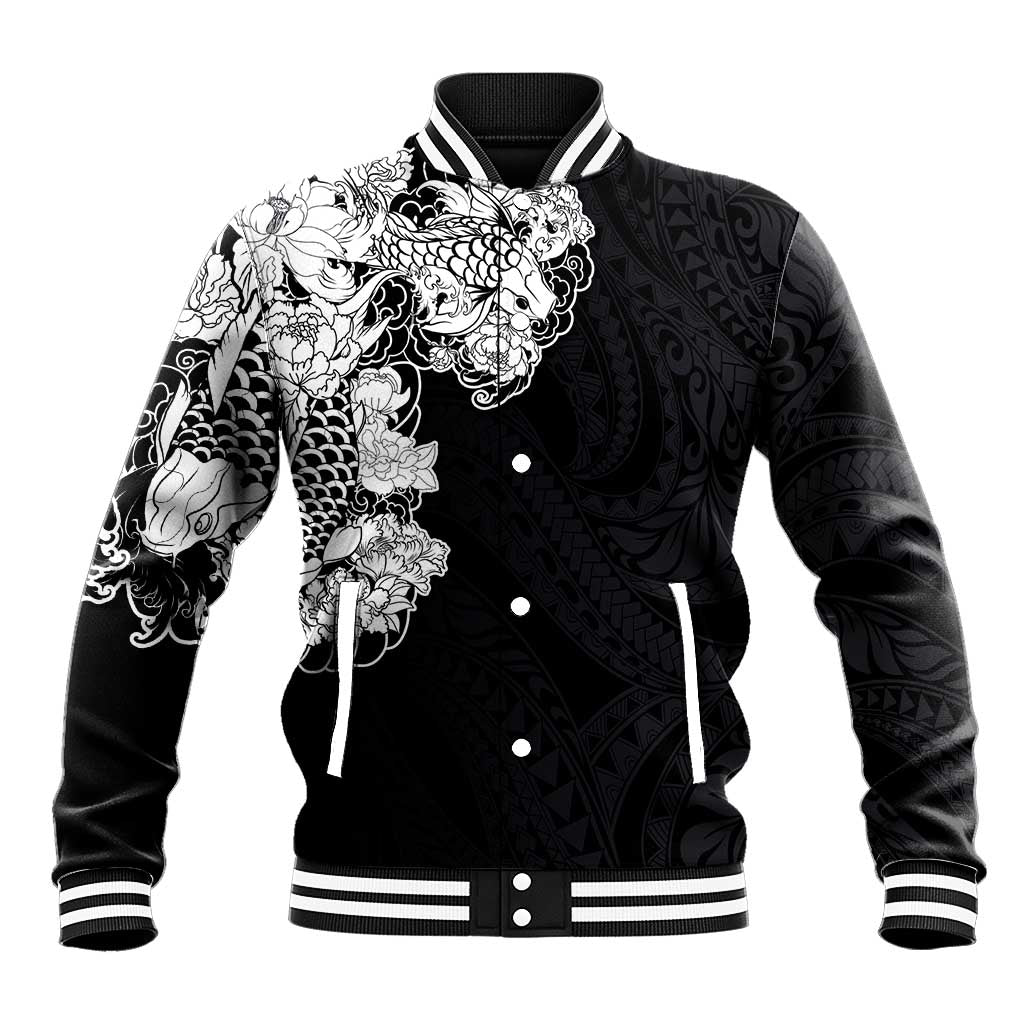Hawaiian and Japanese Together Baseball Jacket Japanese Koi Fish Tattoo and Kakau Pattern Black Color LT03 Unisex Black - Polynesian Pride