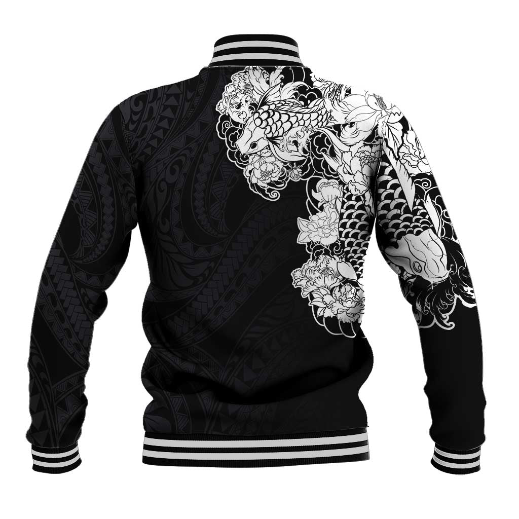 Hawaiian and Japanese Together Baseball Jacket Japanese Koi Fish Tattoo and Kakau Pattern Black Color