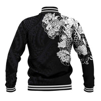 Hawaiian and Japanese Together Baseball Jacket Japanese Koi Fish Tattoo and Kakau Pattern Black Color