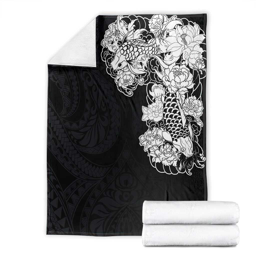 Hawaiian and Japanese Together Blanket Japanese Koi Fish Tattoo and Kakau Pattern Black Color