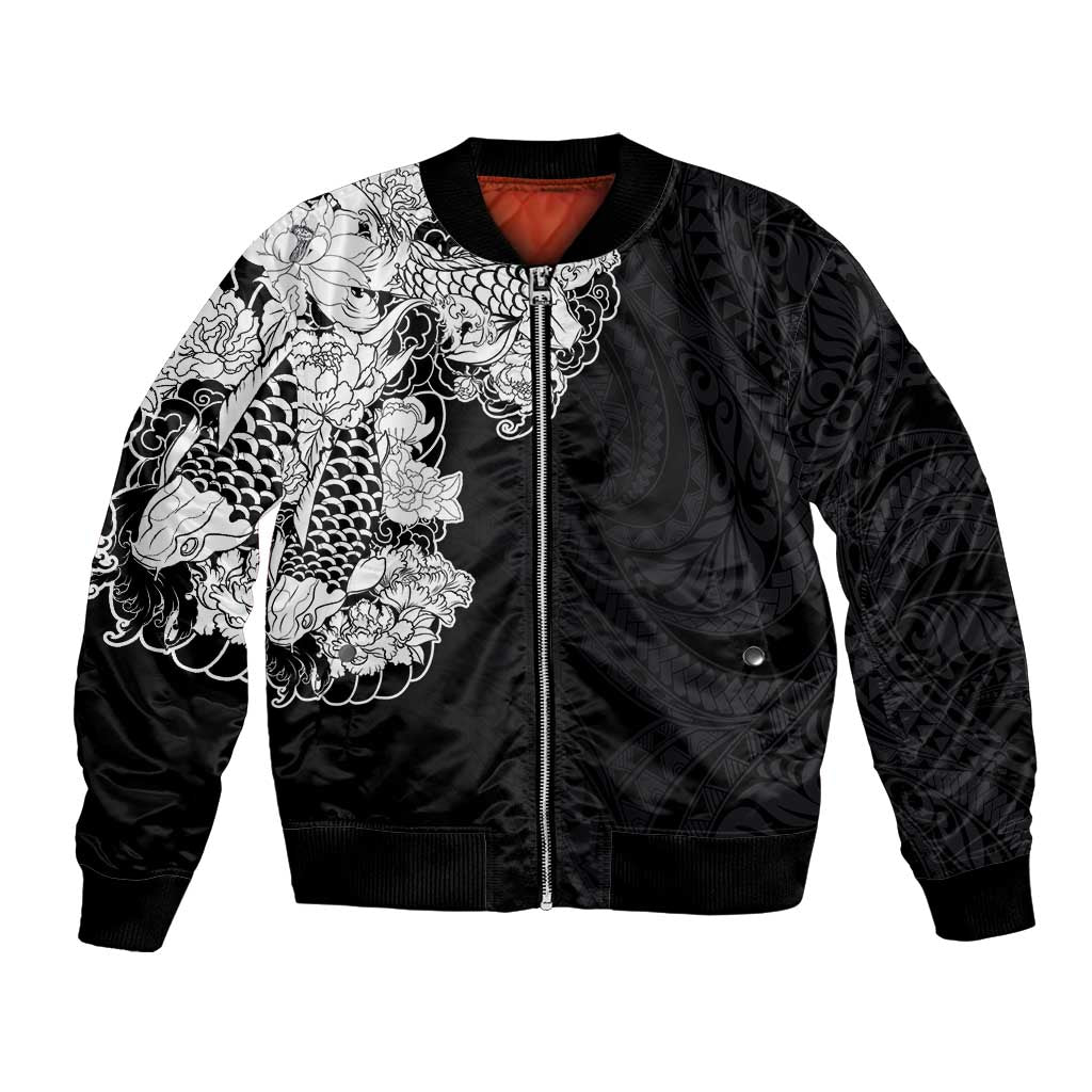 Hawaiian and Japanese Together Bomber Jacket Japanese Koi Fish Tattoo and Kakau Pattern Black Color