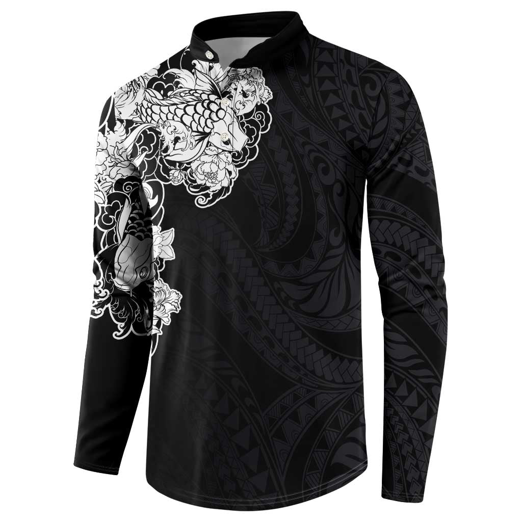Hawaiian and Japanese Together Button Sweatshirt Japanese Koi Fish Tattoo and Kakau Pattern Black Color
