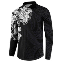 Hawaiian and Japanese Together Button Sweatshirt Japanese Koi Fish Tattoo and Kakau Pattern Black Color