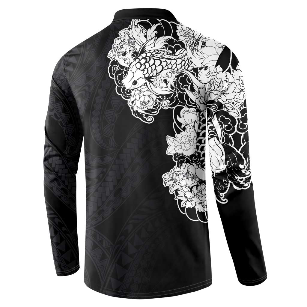 Hawaiian and Japanese Together Button Sweatshirt Japanese Koi Fish Tattoo and Kakau Pattern Black Color