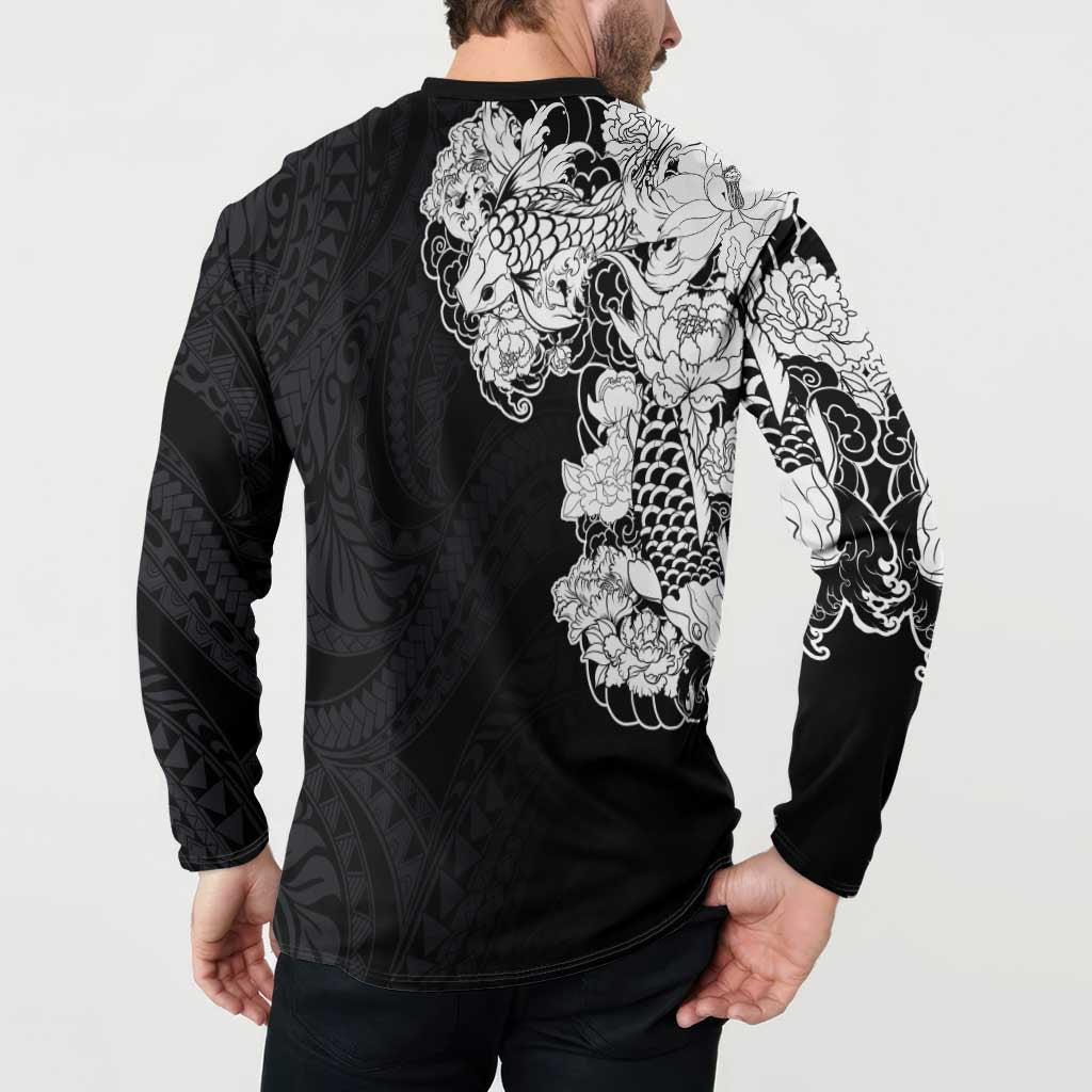 Hawaiian and Japanese Together Button Sweatshirt Japanese Koi Fish Tattoo and Kakau Pattern Black Color