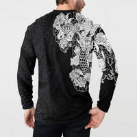 Hawaiian and Japanese Together Button Sweatshirt Japanese Koi Fish Tattoo and Kakau Pattern Black Color
