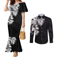 Hawaiian and Japanese Together Couples Matching Mermaid Dress and Long Sleeve Button Shirt Japanese Koi Fish Tattoo and Kakau Pattern Black Color