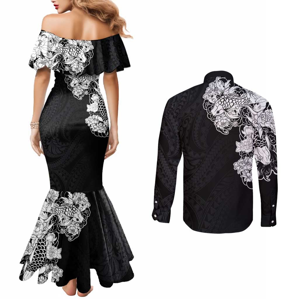 Hawaiian and Japanese Together Couples Matching Mermaid Dress and Long Sleeve Button Shirt Japanese Koi Fish Tattoo and Kakau Pattern Black Color