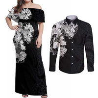 Hawaiian and Japanese Together Couples Matching Off Shoulder Maxi Dress and Long Sleeve Button Shirt Japanese Koi Fish Tattoo and Kakau Pattern Black Color