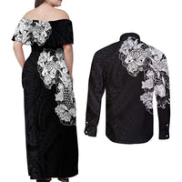 Hawaiian and Japanese Together Couples Matching Off Shoulder Maxi Dress and Long Sleeve Button Shirt Japanese Koi Fish Tattoo and Kakau Pattern Black Color