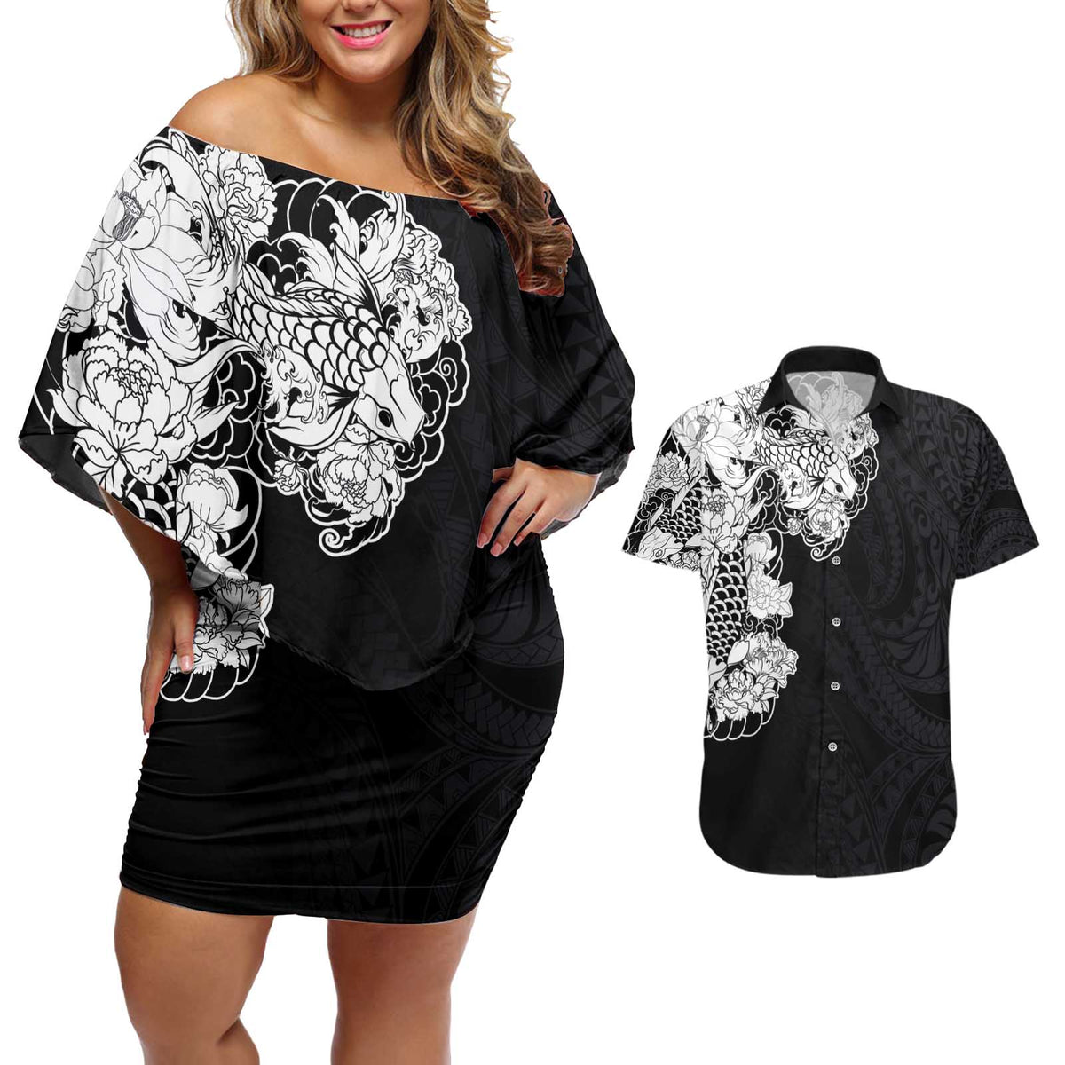 Hawaiian and Japanese Together Couples Matching Off Shoulder Short Dress and Hawaiian Shirt Japanese Koi Fish Tattoo and Kakau Pattern Black Color