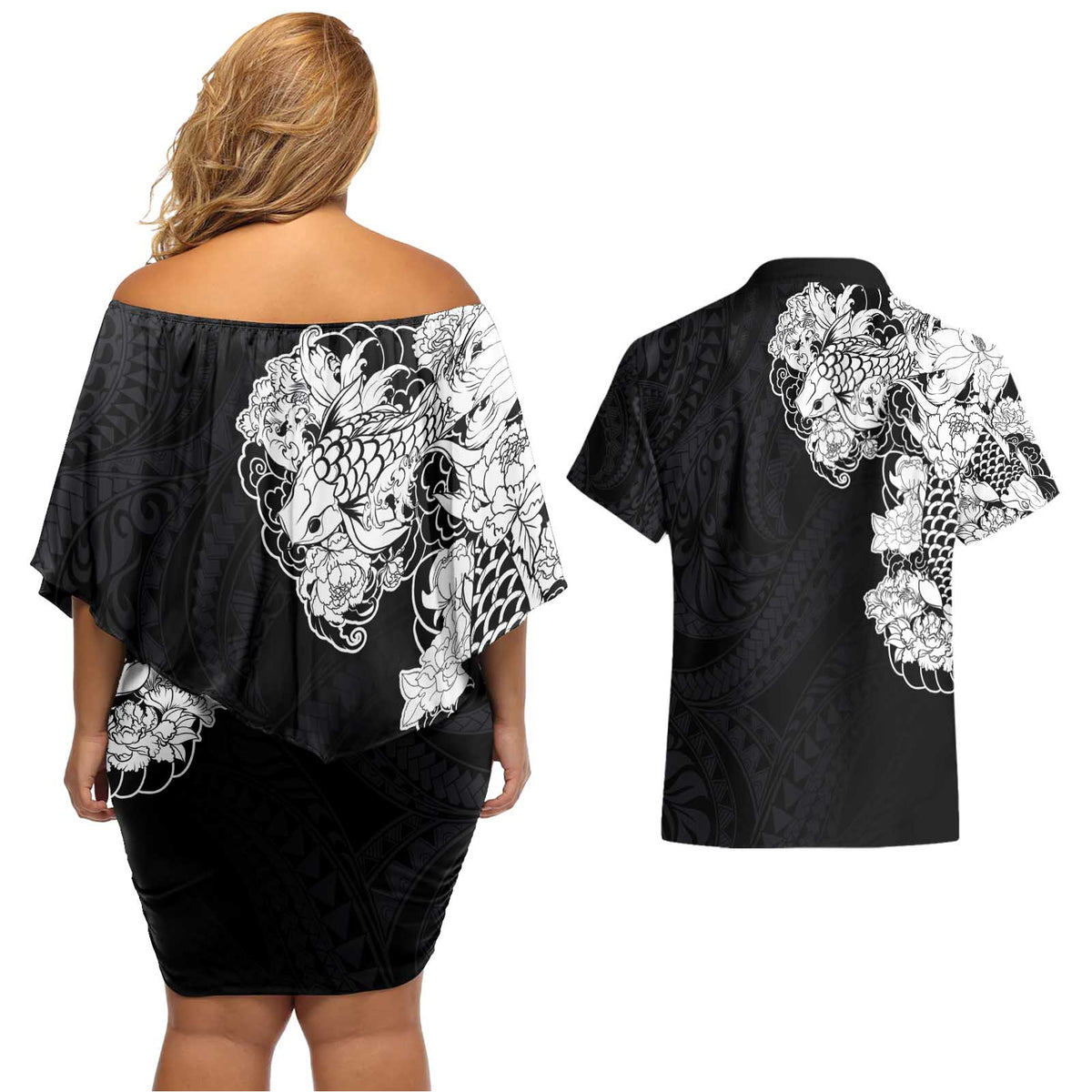 Hawaiian and Japanese Together Couples Matching Off Shoulder Short Dress and Hawaiian Shirt Japanese Koi Fish Tattoo and Kakau Pattern Black Color