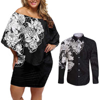 Hawaiian and Japanese Together Couples Matching Off Shoulder Short Dress and Long Sleeve Button Shirt Japanese Koi Fish Tattoo and Kakau Pattern Black Color