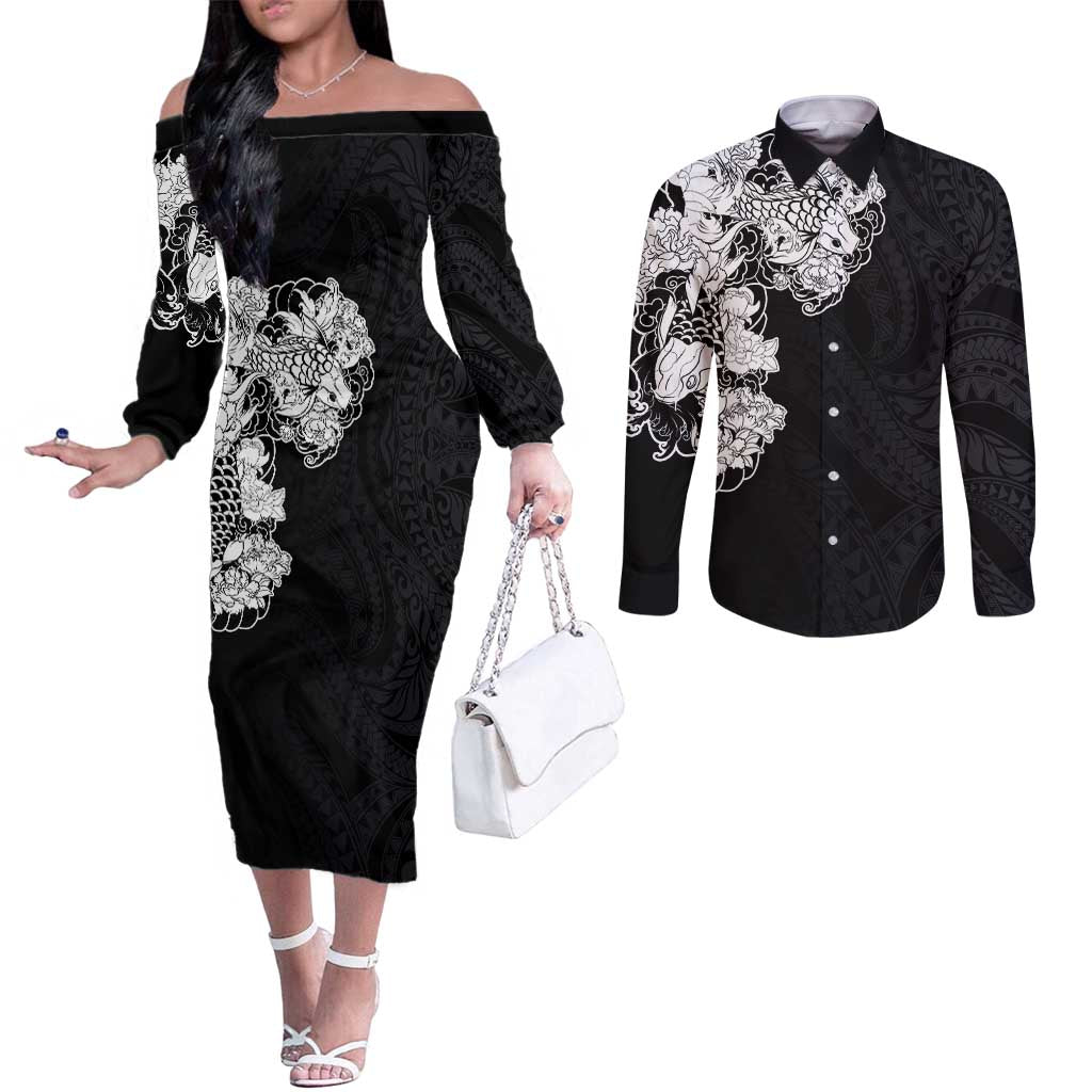 Hawaiian and Japanese Together Couples Matching Off The Shoulder Long Sleeve Dress and Long Sleeve Button Shirt Japanese Koi Fish Tattoo and Kakau Pattern Black Color LT03 Black - Polynesian Pride