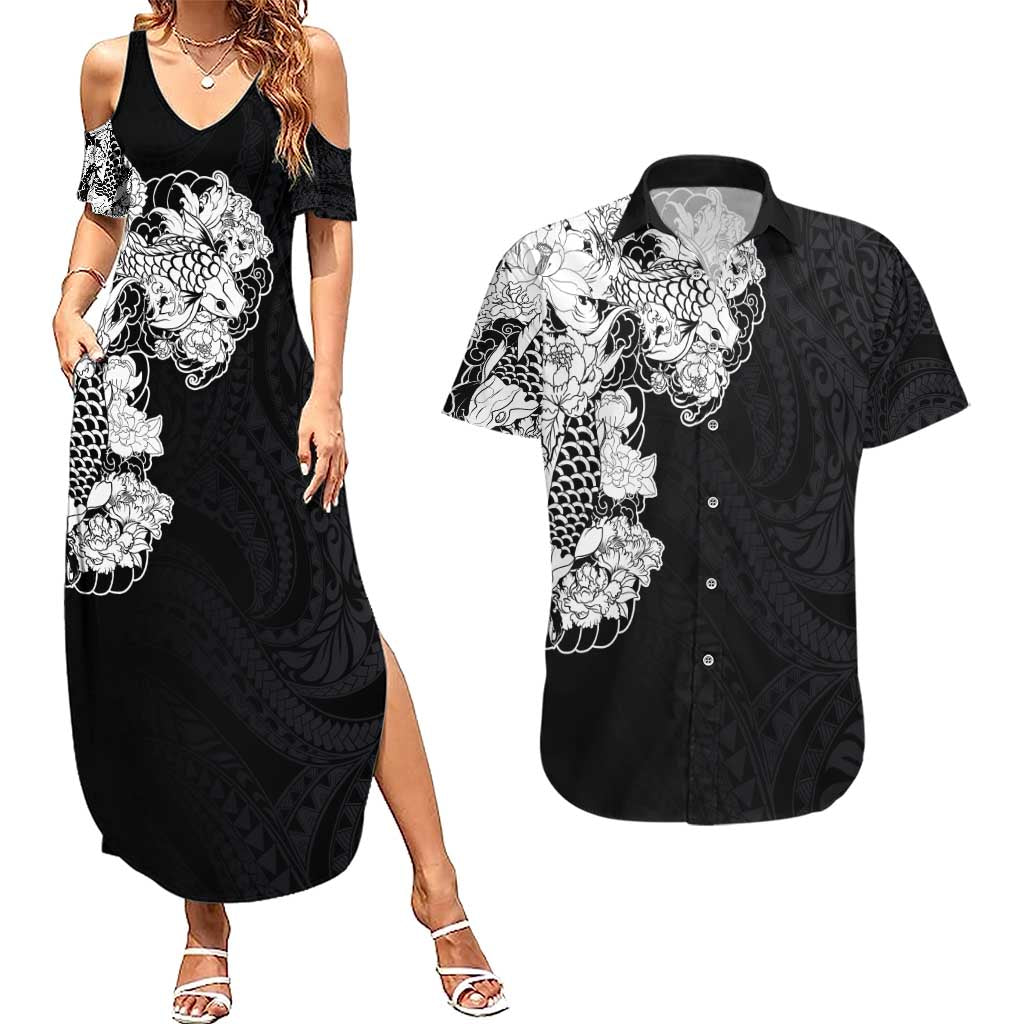Hawaiian and Japanese Together Couples Matching Summer Maxi Dress and Hawaiian Shirt Japanese Koi Fish Tattoo and Kakau Pattern Black Color LT03 Black - Polynesian Pride