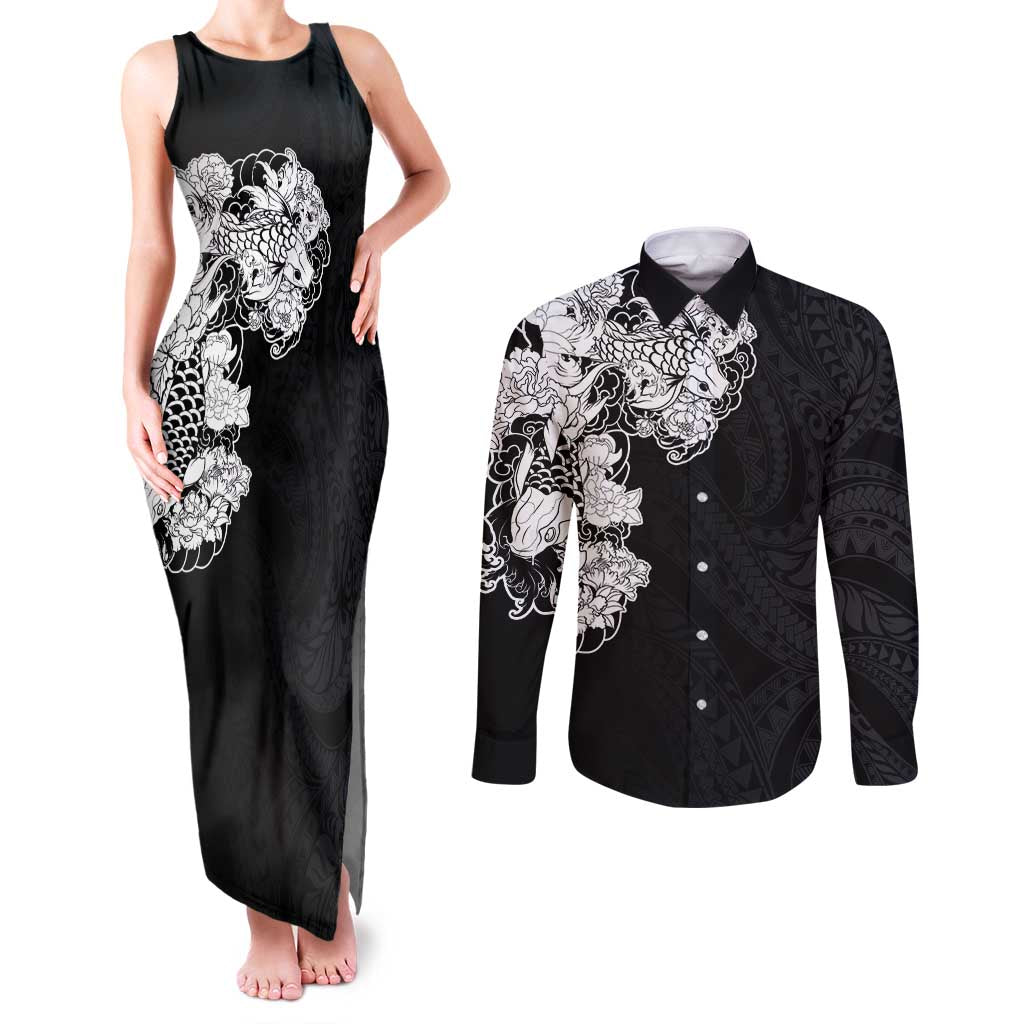 Hawaiian and Japanese Together Couples Matching Tank Maxi Dress and Long Sleeve Button Shirt Japanese Koi Fish Tattoo and Kakau Pattern Black Color LT03 Black - Polynesian Pride