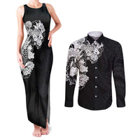 Hawaiian and Japanese Together Couples Matching Tank Maxi Dress and Long Sleeve Button Shirt Japanese Koi Fish Tattoo and Kakau Pattern Black Color