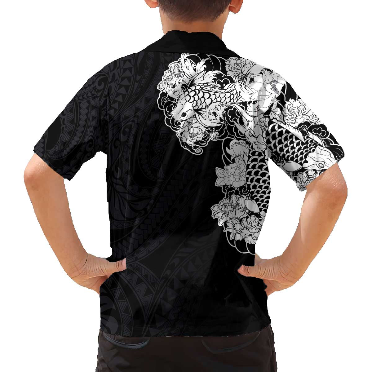 Hawaiian and Japanese Together Family Matching Off The Shoulder Long Sleeve Dress and Hawaiian Shirt Japanese Koi Fish Tattoo and Kakau Pattern Black Color LT03 - Polynesian Pride