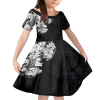 Hawaiian and Japanese Together Family Matching Off The Shoulder Long Sleeve Dress and Hawaiian Shirt Japanese Koi Fish Tattoo and Kakau Pattern Black Color LT03 Daughter's Dress Black - Polynesian Pride