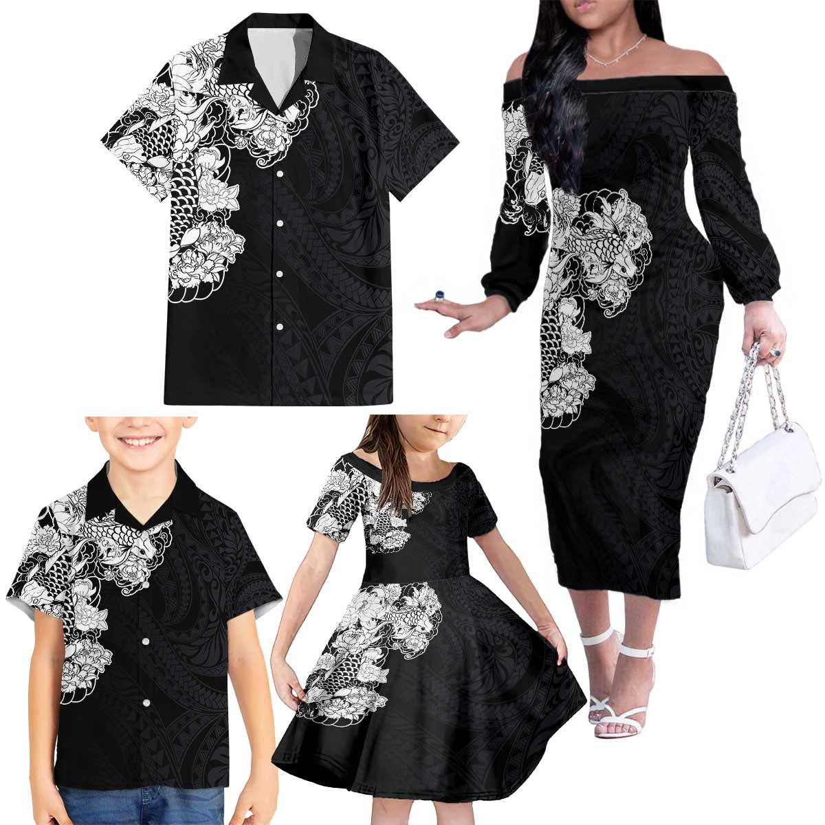 Hawaiian and Japanese Together Family Matching Off The Shoulder Long Sleeve Dress and Hawaiian Shirt Japanese Koi Fish Tattoo and Kakau Pattern Black Color LT03 - Polynesian Pride
