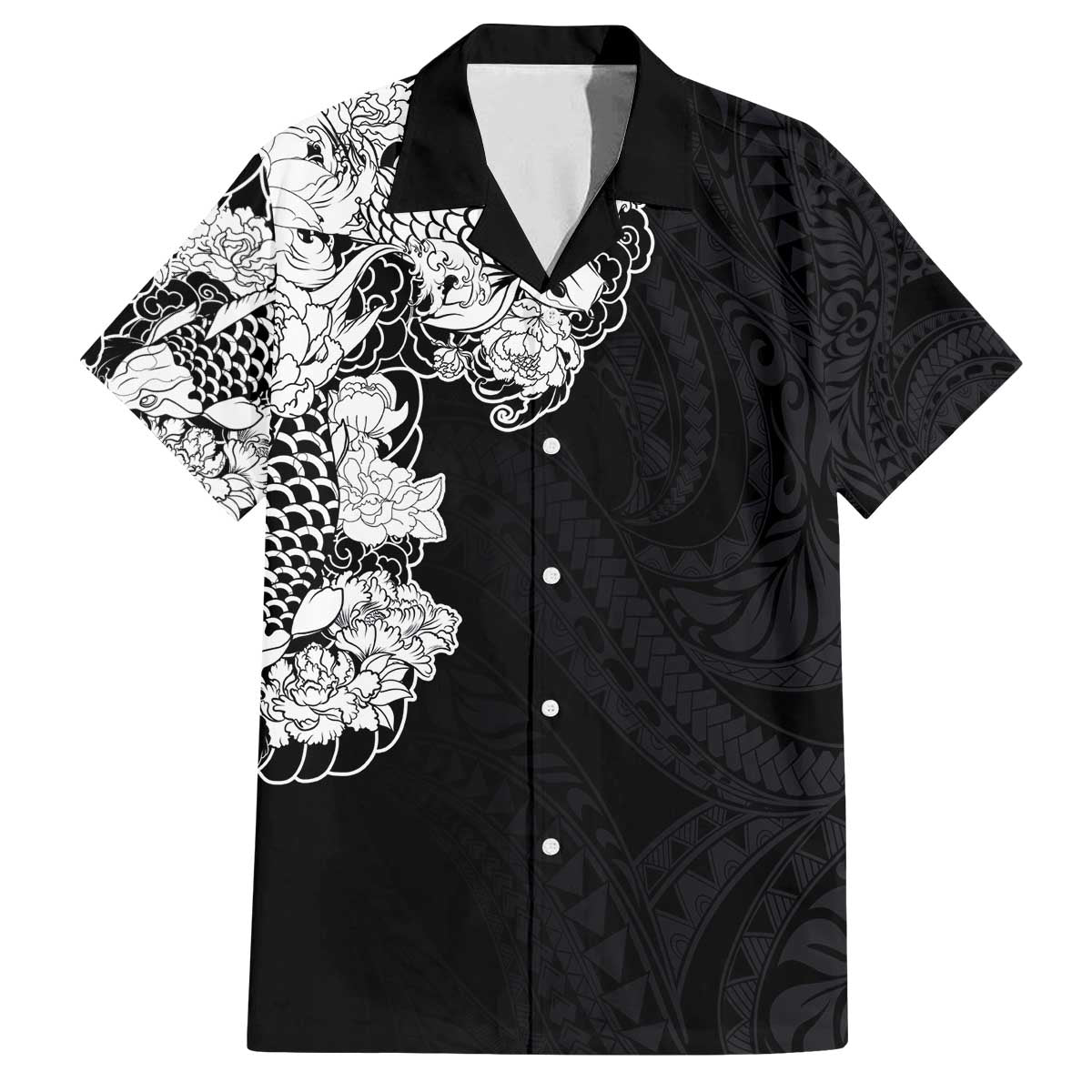 Hawaiian and Japanese Together Family Matching Off The Shoulder Long Sleeve Dress and Hawaiian Shirt Japanese Koi Fish Tattoo and Kakau Pattern Black Color LT03 Dad's Shirt - Short Sleeve Black - Polynesian Pride