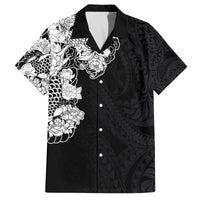 Hawaiian and Japanese Together Family Matching Off The Shoulder Long Sleeve Dress and Hawaiian Shirt Japanese Koi Fish Tattoo and Kakau Pattern Black Color LT03 Dad's Shirt - Short Sleeve Black - Polynesian Pride