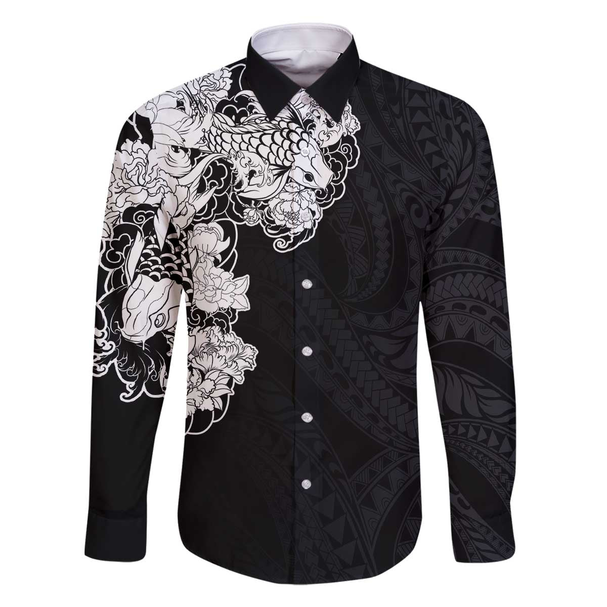 Hawaiian and Japanese Together Family Matching Off The Shoulder Long Sleeve Dress and Hawaiian Shirt Japanese Koi Fish Tattoo and Kakau Pattern Black Color LT03 Dad's Shirt - Long Sleeve Black - Polynesian Pride