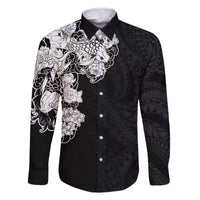 Hawaiian and Japanese Together Family Matching Off The Shoulder Long Sleeve Dress and Hawaiian Shirt Japanese Koi Fish Tattoo and Kakau Pattern Black Color LT03 Dad's Shirt - Long Sleeve Black - Polynesian Pride