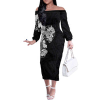 Hawaiian and Japanese Together Family Matching Off The Shoulder Long Sleeve Dress and Hawaiian Shirt Japanese Koi Fish Tattoo and Kakau Pattern Black Color LT03 Mom's Dress Black - Polynesian Pride