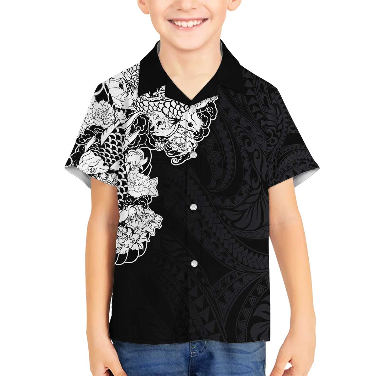 Hawaiian and Japanese Together Family Matching Off The Shoulder Long Sleeve Dress and Hawaiian Shirt Japanese Koi Fish Tattoo and Kakau Pattern Black Color LT03 Son's Shirt Black - Polynesian Pride